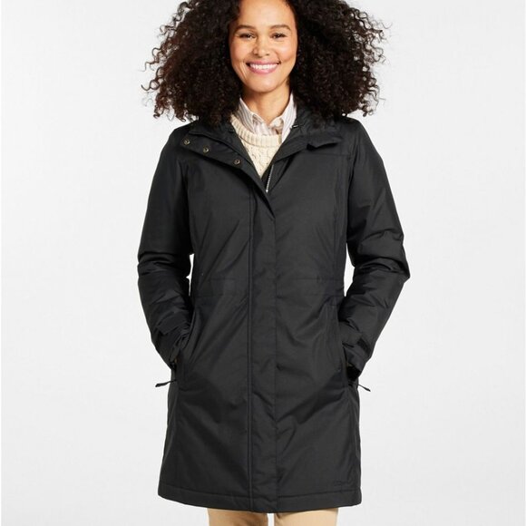 LL Bean Winter Warmer Jacket XS Black Hooded Fleece Lined Mid Length Coat Zip Up - Picture 1 of 5